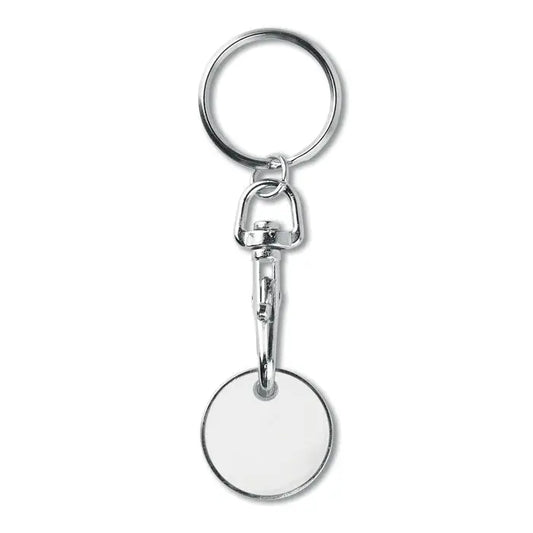 Jeton pentru chei din metal argintiu cu eticheta circulara si carlig rapid pentru fixare usoara