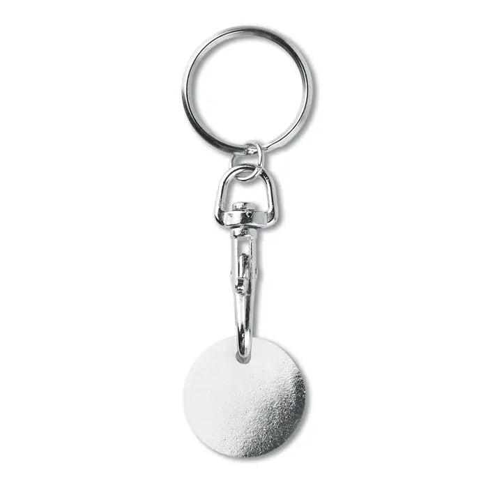 Jeton pentru chei din metal argintiu cu disc rotund texturat prins cu carabina pivotanta