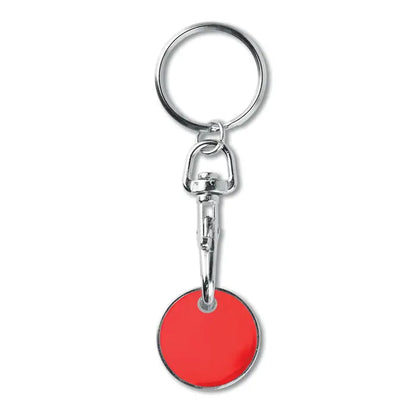 Jeton pentru chei rosu circular cu inel si carlig metalic argintiu pentru utilizarea la cumparaturi