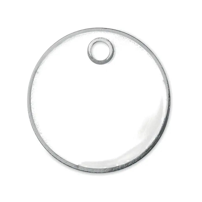Jeton pentru chei în ton argintiu din metal circular cu suprafață lucioasă netedă și buclă mică de prindere