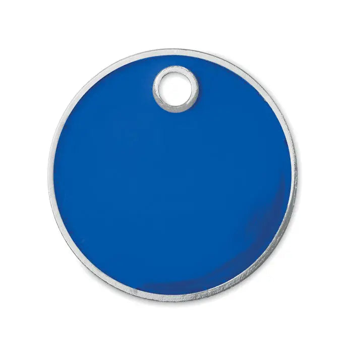 Jeton pentru chei vibrant albastru regal circular cu margine metalică argintie și orificiu central