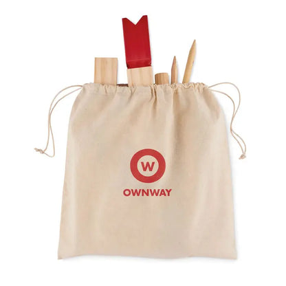 Beige canvas drawstring bag with red ownway logo containing wooden pine garden tools including a red handled rake