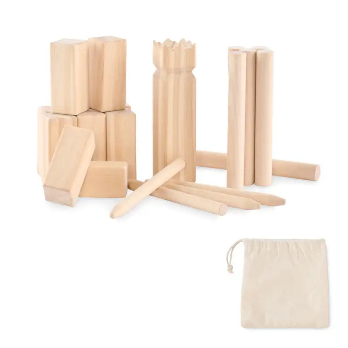 Joc de aruncare in aer liber din lemn de pin cu set natural finisat de croquet si accesorii intr-un sac bej cu snur