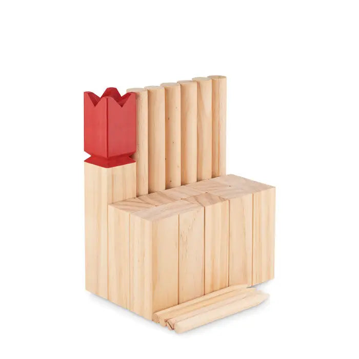 Joc de aruncare in aer liber din lemn de pin cu top rosu din plastic in forma de lalea si blocuri din lemn in structura stratificata