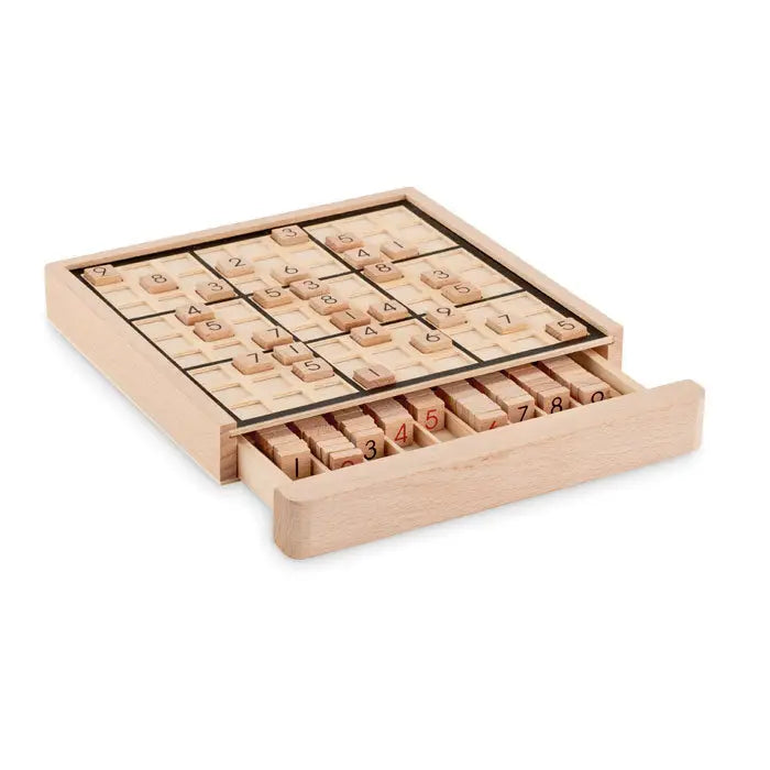 Joc de masa sudoku din lemn deschis cu piese numerotate intr-o cutie si sertar din lemn asortate