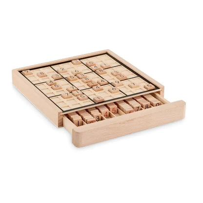 Joc de masa sudoku din lemn deschis cu piese numerotate intr-o cutie si sertar din lemn asortate