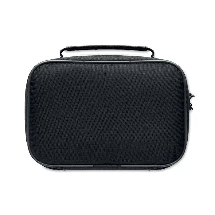 Husa neagra texturata din material textil cu maner superior si inchidere cu fermoar pentru joc de petanca