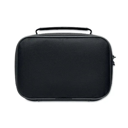 Husa neagra texturata din material textil cu maner superior si inchidere cu fermoar pentru joc de petanca