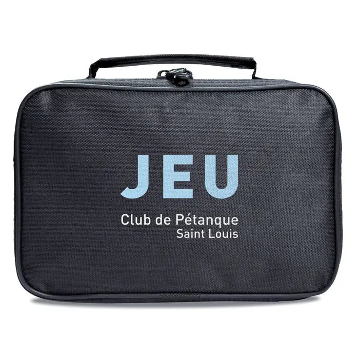 Geantă textilă neagră joc de petancă cu inscripție albastru deschis și alb joc club de pétanque saint louis