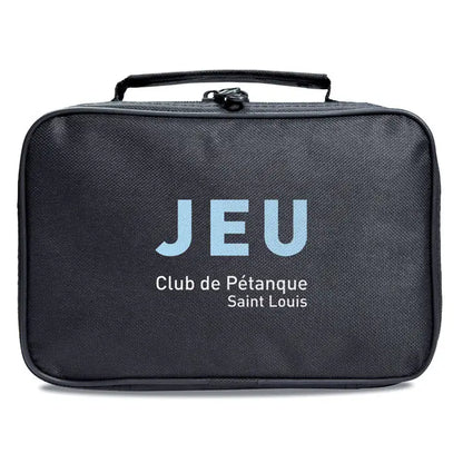 Geantă textilă neagră joc de petancă cu inscripție albastru deschis și alb joc club de pétanque saint louis