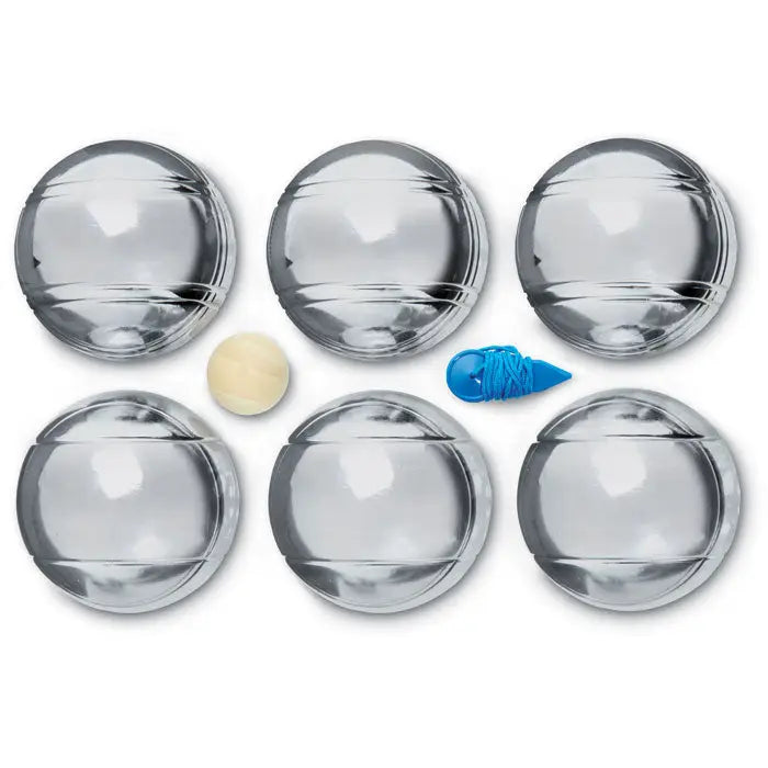 Set de petanca format din sase bile cromate lucioase si o bila crem cu o scula albastra din plastic pentru impingere