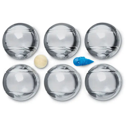 Set de petanca format din sase bile cromate lucioase si o bila crem cu o scula albastra din plastic pentru impingere