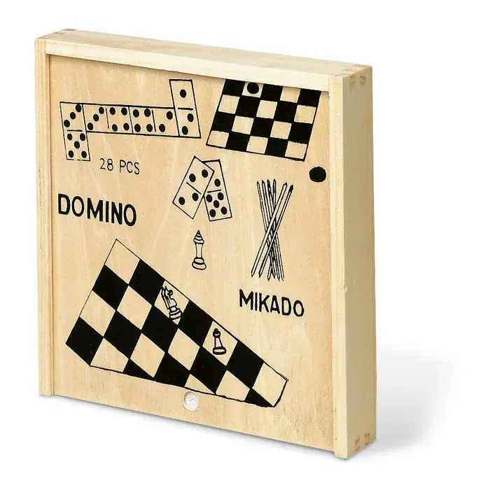 Cutie de lemn deschis la culoare cu ilustratii negre de piese de domino, dame si mikado pentru jocuri in cutie de lemn