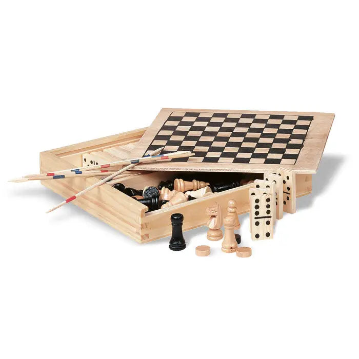 Cutie jocuri din lemn deschise cu capac tablă de șah natural și negru conținând piese șah și domino