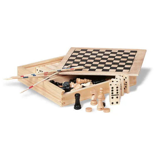 Cutie jocuri din lemn deschise cu capac tablă de șah natural și negru conținând piese șah și domino
