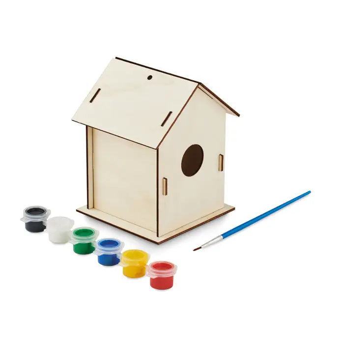 Kit bricolaj pentru casa pentru pasari din lemn nefinisat cu sase vopsele colorate si pensula albastra