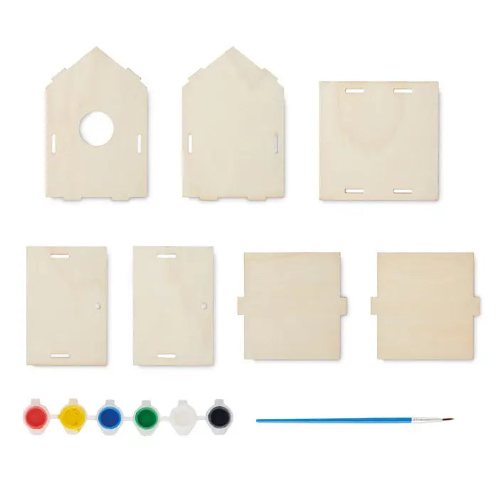 Kit bricolaj pentru casa pentru pasari din lemn nefinisat cu piese predecupate si set de vopsele