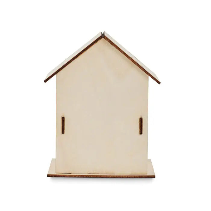 Kit bricolaj pentru casa pentru pasari din lemn minimalist cu finisaj natural deschis si margini maro inchis