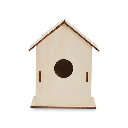 Kit bricolaj pentru casa pentru pasari din lemn cu finisaj natural deschis si margini maro inchis circular de intrare