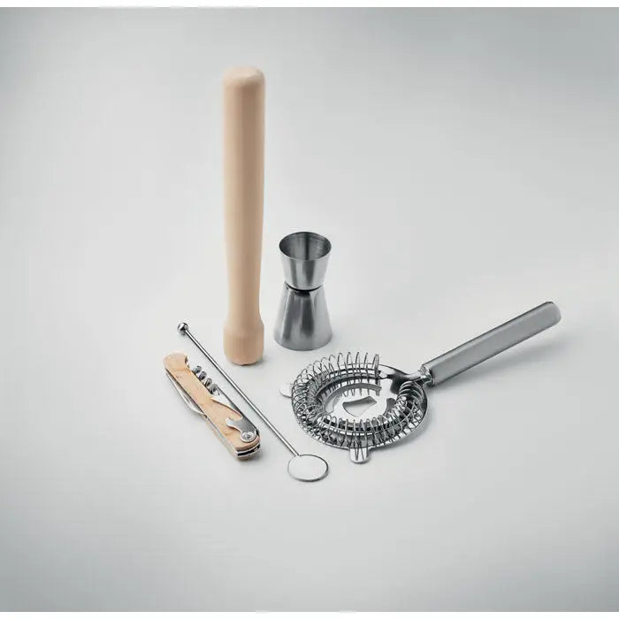 Kit de cocktail de 5 bucati cu shaker din otel inoxidabil finisaj lucios si maner rezistent