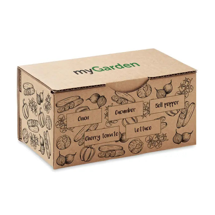 Cutie maro din carton cu desene negre de legume si logo mygarden verde pentru kit de cultivare a salatei