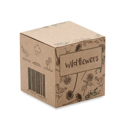 Kit de cultivare cu bombe de seminte intr-o cutie maro din carton cu design floral si text wildflowers