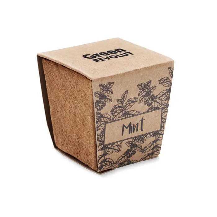 Kit de cultivare cu seminte de menta in cutie maro din carton cu ilustratii negre de frunze si brandul green revolut mint