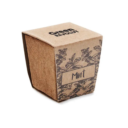 Kit de cultivare cu seminte de menta in cutie maro din carton cu ilustratii negre de frunze si brandul green revolut mint