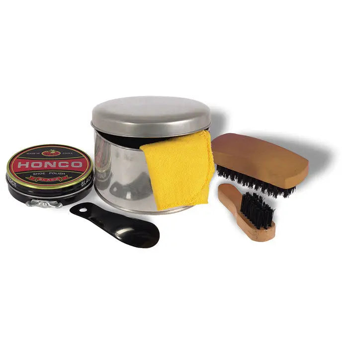 Kit de lustruit pantofi cu ceara de pantofi honco neagra in recipient metalic si accesorii pentru lustruire