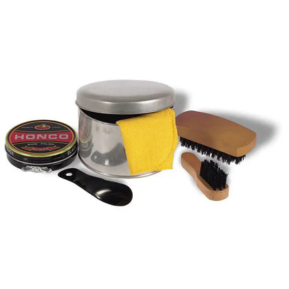 Kit de lustruit pantofi cu ceara de pantofi honco neagra in recipient metalic si accesorii pentru lustruire