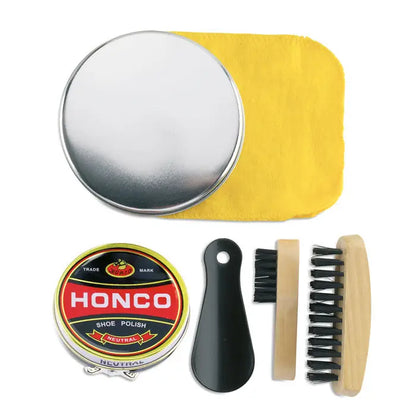 Kit de lustruit pantofi cu ceara honco neutra pentru incaltaminte in cutie rotunda cu eticheta rosie neagra si aurie