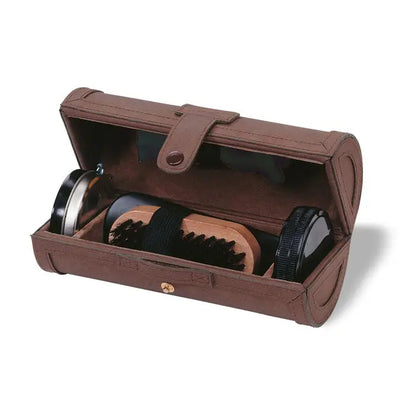 Kit de lustruit pantofi cu perie de lemn si recipiente negre de crema pentru pantofi din piele maro
