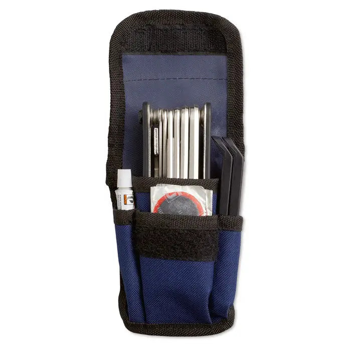 Kit de reparare biciclete cu trusa albastra si neagra ce contine multiscule, sigilant pentru cauciuc si unelte diverse