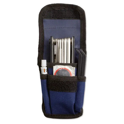 Kit de reparare biciclete cu trusa albastra si neagra ce contine multiscule, sigilant pentru cauciuc si unelte diverse