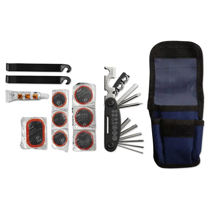 Kit de reparare biciclete cu pungă de unelte din material albastru, margini negre și fereastră transparentă din plastic