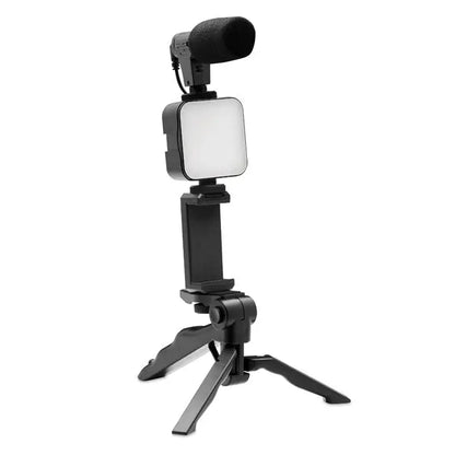 Kit video pentru smartphone negru cu lumina led patrata si microfon cu burete montat pe stativ reglabil