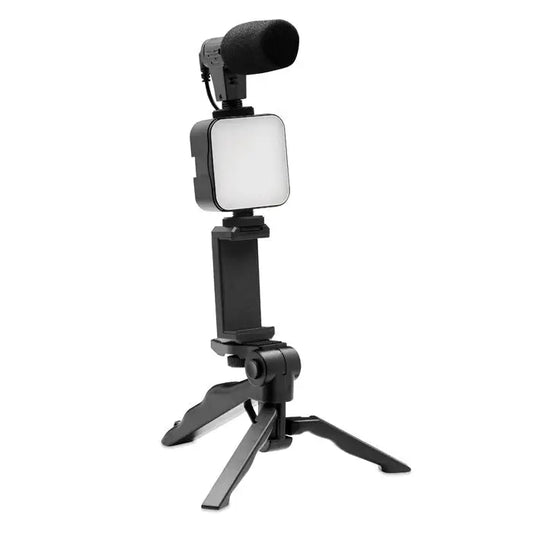 Kit video pentru smartphone negru cu lumina led patrata si microfon cu burete montat pe stativ reglabil
