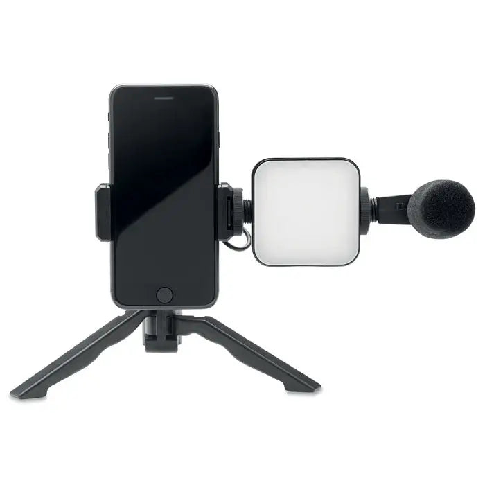Kit video pentru smartphone negru montat pe tripod compact cu led pătrat și microfon cu spumă pentru vlogging