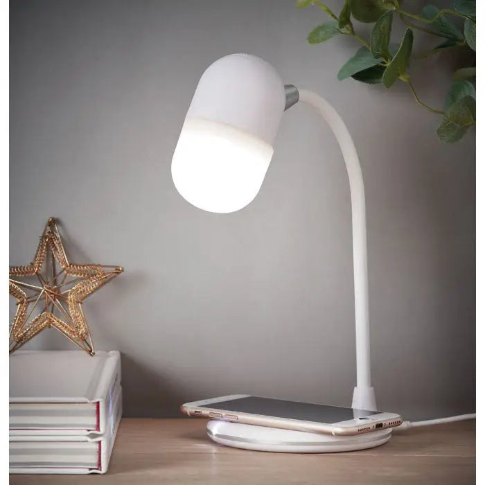 Lampa de birou alba cu incarcare wireless si boxa bluetooth, brat flexibil si abajur din sticla mata