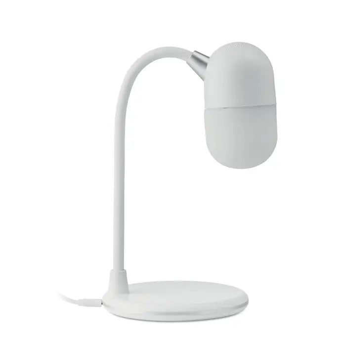Lampa de birou alba cu brat flexibil din plastic, design modern, cu incarcare wireless si boxa bluetooth personalizabila