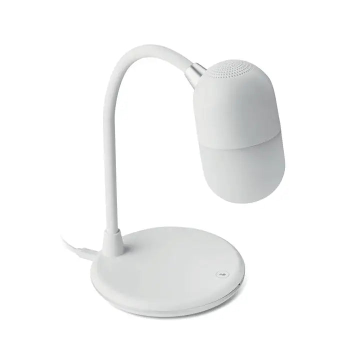 Lampa de birou alba cu brat flexibil si boxa bluetooth integrata pentru incarcare wireless personalizabila