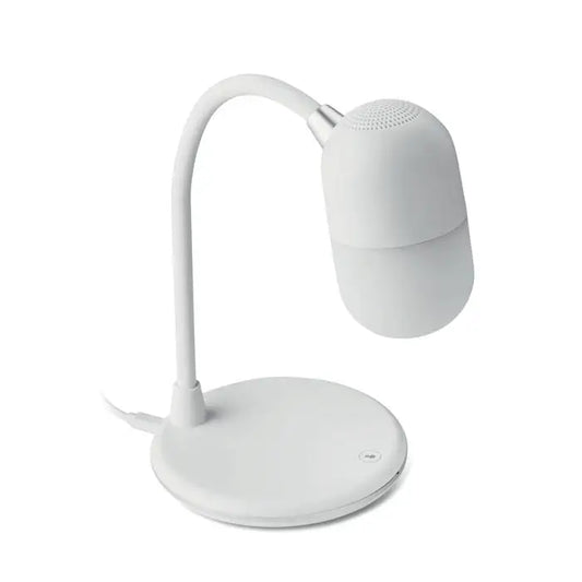 Lampa de birou alba cu brat flexibil si boxa bluetooth integrata pentru incarcare wireless personalizabila