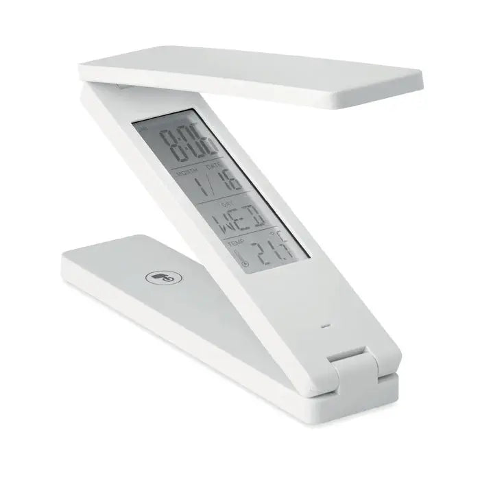 Lampa de birou alba pliabila cu ceas digital integrat afisand ora data ziua saptamanii si temperatura