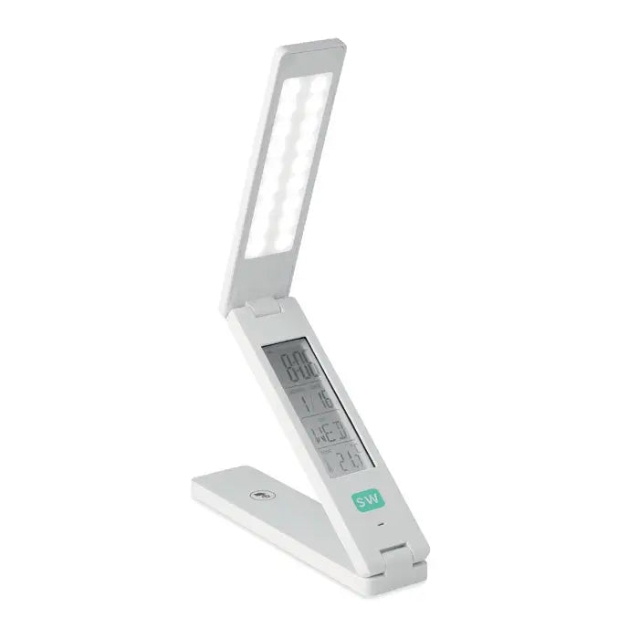 Lampa de birou alba pliabila cu afisaj digital ce arata ora ziua si temperatura pentru iluminat eficient