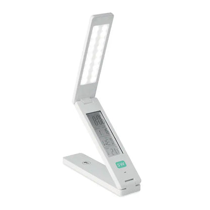 Lampa de birou alba pliabila cu afisaj digital ce arata ora ziua si temperatura pentru iluminat eficient