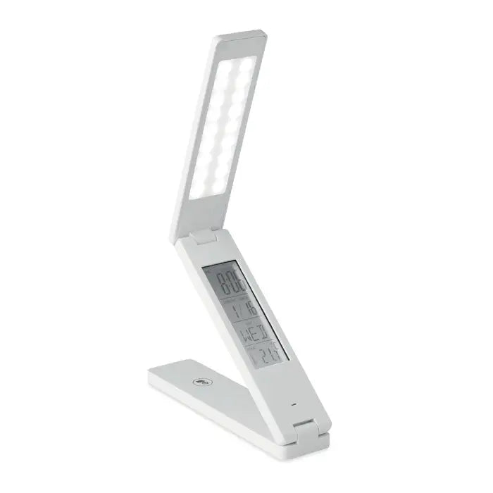 Lampa de birou alba pliabila cu afisaj digital integrat pentru ora data si ziua saptamanii