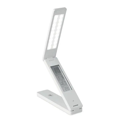 Lampa de birou alba pliabila cu afisaj digital integrat pentru ora data si ziua saptamanii