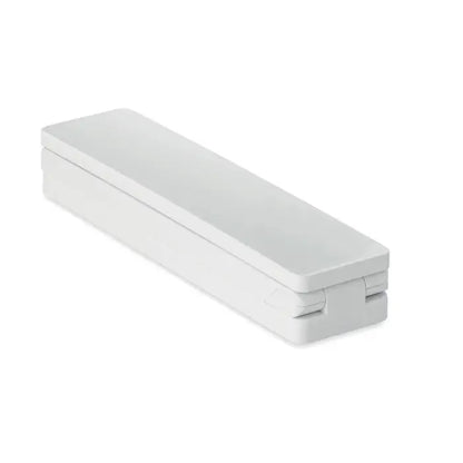 Lampa de birou albă din plastic cu capac articulat și design minimalist pentru depozitare alimente