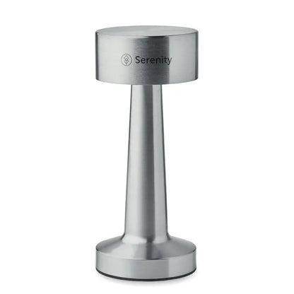 Serenity lampa de masa reincarcabila din fier cu opritor de usa din otel inoxidabil cilindric si finisaj metalic satinat