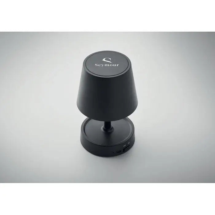 Lampa de masa reincarcabila usb neagra cilindrica din metal cu design modern si logo seymour pe partea de sus